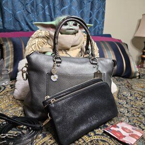 Coach Emma Snake Embossed Leather Satchel in Metallic Pewter & Shimmer Wallet